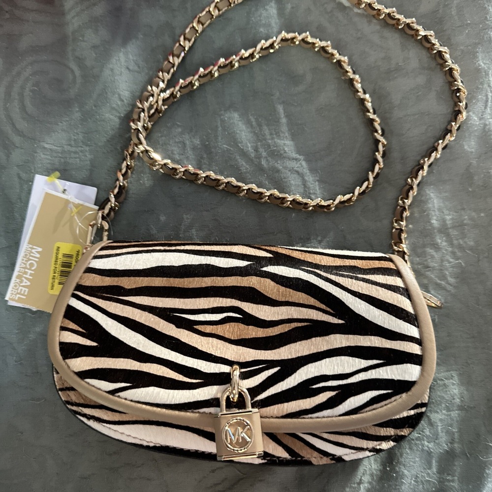 Michael Kors Zebra Print Calf‎ Hair Crossbody Bag Gold Chain Tan Leather NWT